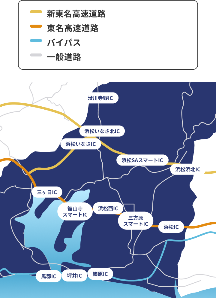 浜松市内の主なIC（インターチェンジ）マップ。新東名・東名高速道路が通り、浜松IC、浜松浜北IC、浜松いなさIC、三ケ日ICといった主要なICに加えて、スマートICを含む複数のICの位置が示されている。