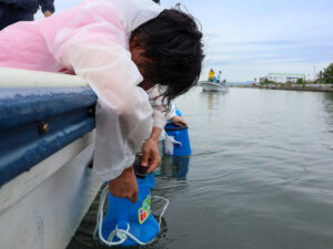 箱メガネを使って観察する様子