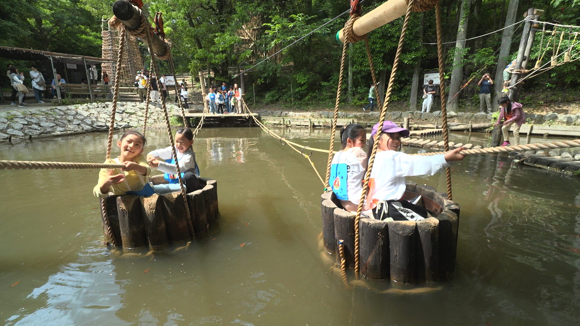 浜北森林アスレチックの様子。子供たちが水上のアスレチックで遊ぶ風景。