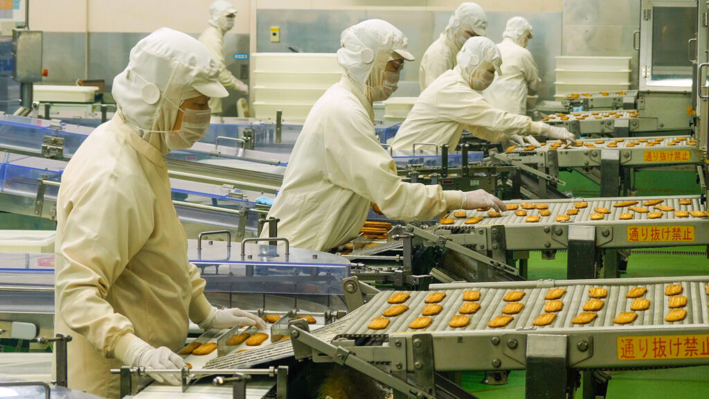 うなぎパイファクトリーの生産工程。作業員が手作業でうなぎパイを検品している様子。